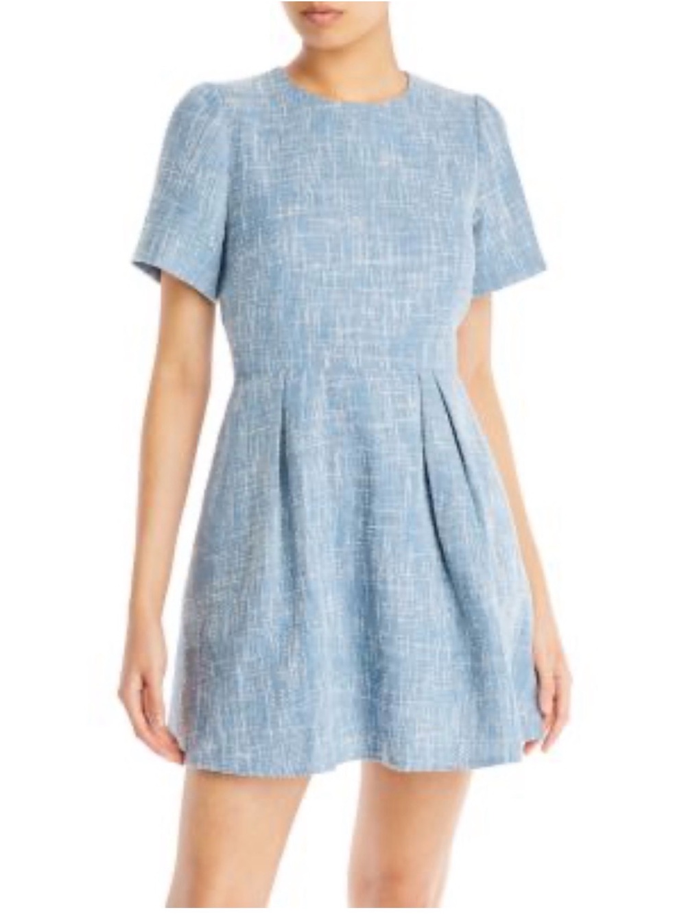 Aqua Boucle Mini Dress Short-Sleeve Blue Tweed Fit-and-Flare Dress Size Medium